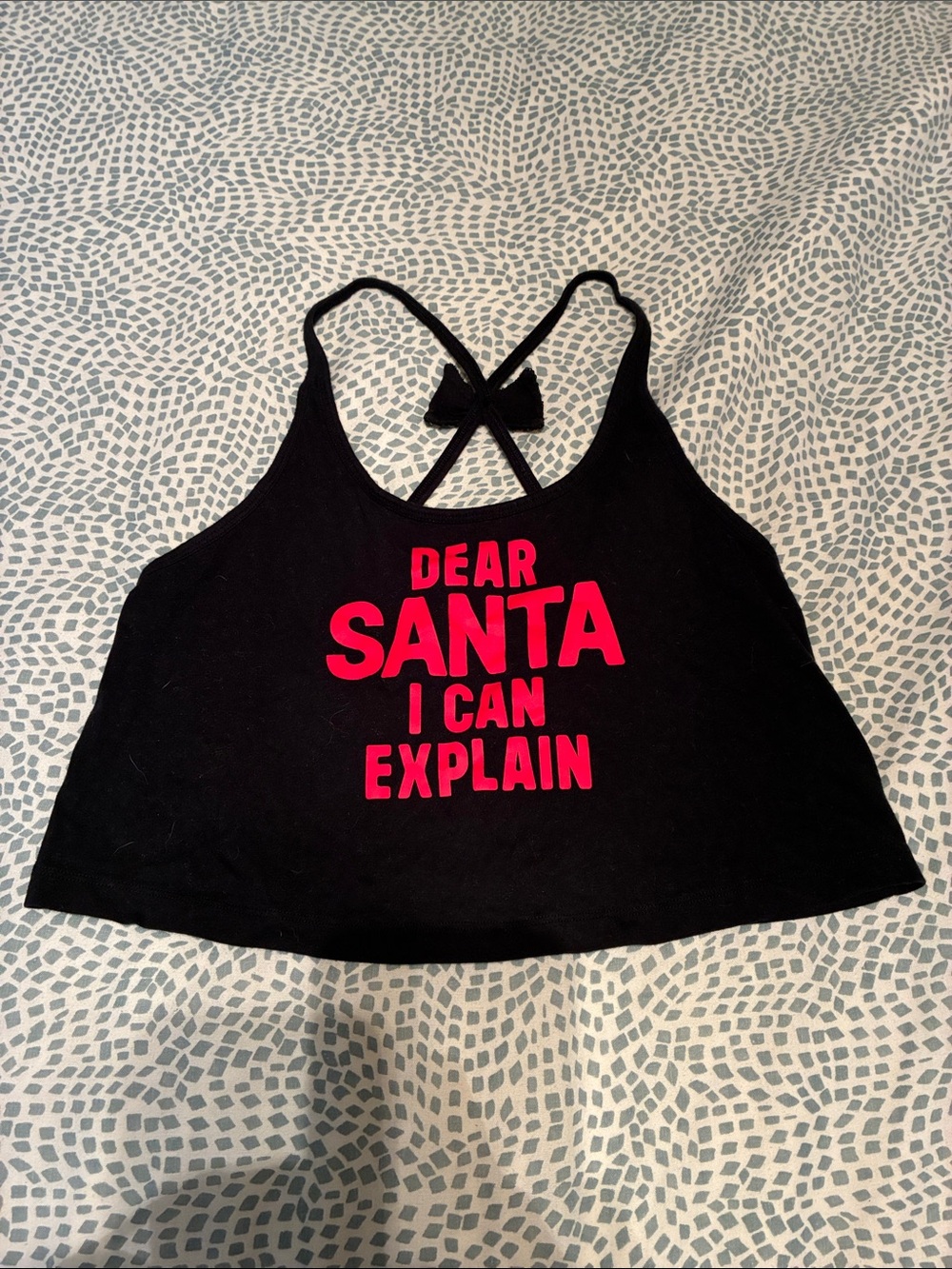 Black VS Crop Tank with Red 'Dear Santa I Can Explain' Graphic